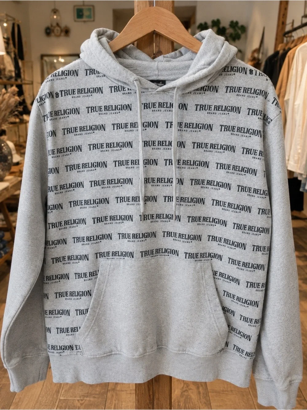True Religion All Over Logo Gray Pullover Hoodie Men’s Medium